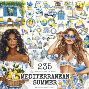 Mediterranean Summer Watercolor Clipart Set - 230+ transparent PNG, Greek & italian graphics, Lemons images, Commercial use,Digital download