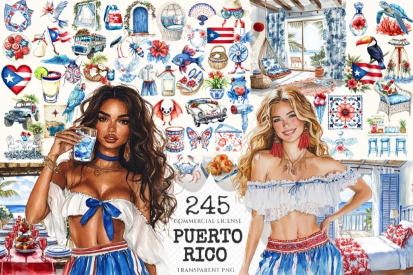 Puerto Rico Watercolor Clipart Set - 240+ transparent PNG, Summer island illustrations, Caribbean graphics, Commercial use, Digital download