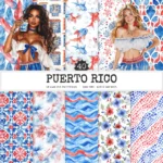Puerto Rico Seamless Patterns, Summer island JPEG, Hibiscus pattern, Palm leaves, Tropical bloom repeating pattern, Digital scrapbook paper