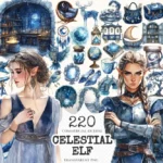 Celestial Elf Watercolor Clipart Set - 215+ transparent PNG, Magical nightscape graphics, Cosmic stars art, Commercial use, Digital download
