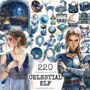 Celestial Elf Watercolor Clipart Set - 215+ transparent PNG, Magical nightscape graphics, Cosmic stars art, Commercial use, Digital download