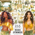 Boho Summer Watercolor Clipart Set - 250+ transparent PNG, Sunkissed boho graphics, Seaside fashion images, Commercial use, Digital download