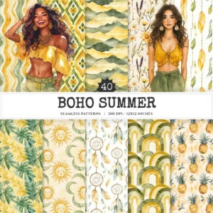 Boho Summer Seamless Patterns, Bohemian beachwear JPEG, Feathers pattern, Tropical, Wildflower repeating pattern, Digital scrapbook paper