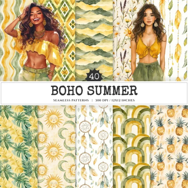 Boho Summer Seamless Patterns, Bohemian beachwear JPEG, Feathers pattern, Tropical, Wildflower repeating pattern, Digital scrapbook paper
