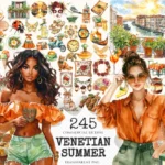 Venetian Summer Watercolor Clipart Set - 240+ transparent PNG, Italian summer graphics, Roman travel png, Commercial use, Digital download