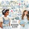 Modern Alice Watercolor Clipart Set - 250+ transparent PNG, Alice in wonderland graphics, Fairytale images, Commercial use, Digital download