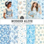 Modern Alice Seamless Patterns, Fairytale alice JPEG, Cottagecore pattern, Rabbit, Fantasy, Roses repeating pattern, Digital scrapbook paper
