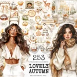 Lovely Autumn Watercolor Clipart Set - 250+ transparent PNG, Pumpkin season graphics, Girl with book images, Commercial use,Digital download
