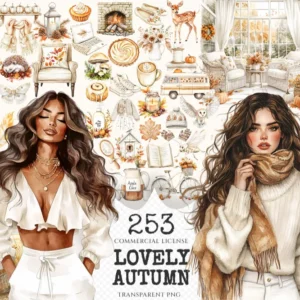 Lovely Autumn Watercolor Clipart Set - 250+ transparent PNG, Pumpkin season graphics, Girl with book images, Commercial use,Digital download