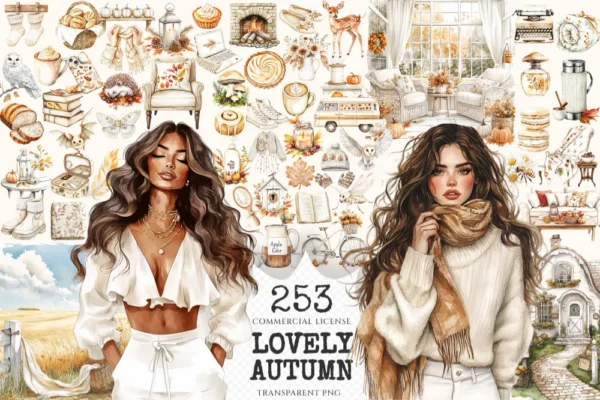 Lovely Autumn Watercolor Clipart Set - 250+ transparent PNG, Pumpkin season graphics, Girl with book images, Commercial use,Digital download