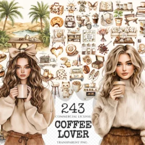 Coffee Lover Watercolor Clipart Set - 240+ transparent PNG, Coffee planner graphics, Coffee moments images, Commercial use, Digital download