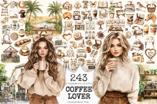 Coffee Lover Watercolor Clipart Set - 240+ transparent PNG, Coffee planner graphics, Coffee moments images, Commercial use, Digital download