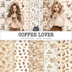 Coffee Lover Seamless Patterns, Coffee leaf JPEG, Coffee beans pattern, Coffee mugs, Cookies repeating pattern, Digital scrapbook paper