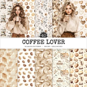 Coffee Lover Seamless Patterns, Coffee leaf JPEG, Coffee beans pattern, Coffee mugs, Cookies repeating pattern, Digital scrapbook paper