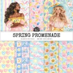 Spring Promenade Seamless Patterns, Spring JPEG, Cherry blossoms pattern, daisies, tulips, Floral repeating pattern, Digital scrapbook paper