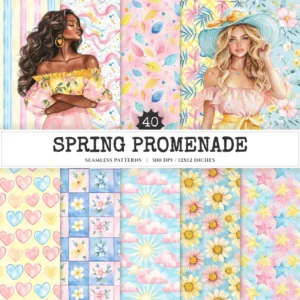 Spring Promenade Seamless Patterns, Spring JPEG, Cherry blossoms pattern, daisies, tulips, Floral repeating pattern, Digital scrapbook paper