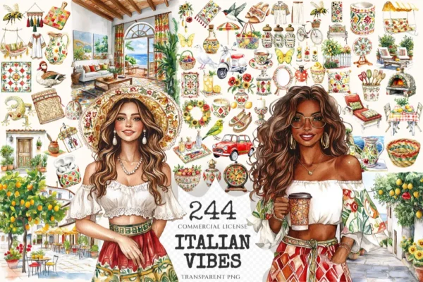 Italian Vibes Watercolor Clipart Set - 240+ transparent PNG, Italian summer graphics, Mediterranean images, Commercial use, Digital download