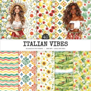 Italian Vibes Seamless Patterns, Mediterranean summer JPEG, Lemon motifs pattern, Italian tiles repeating pattern, Digital scrapbook paper