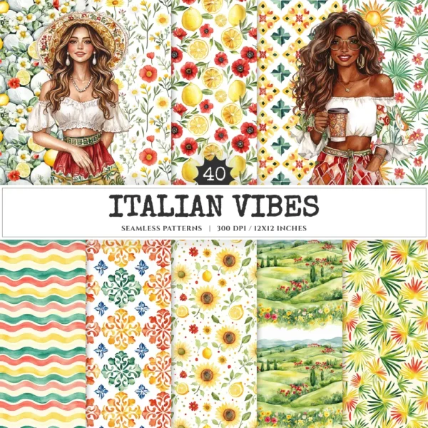 Italian Vibes Seamless Patterns, Mediterranean summer JPEG, Lemon motifs pattern, Italian tiles repeating pattern, Digital scrapbook paper