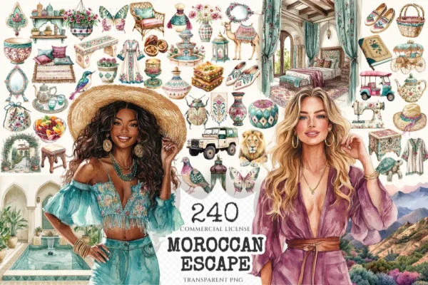 Moroccan Escape Watercolor Clipart Set - 235+ transparent PNG, Summer travels graphics, Moroccan decor art, Commercial use, Digital download