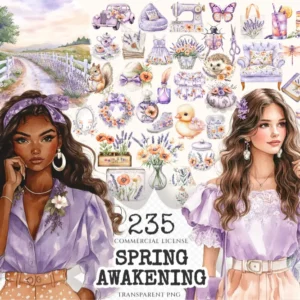 Spring Awakening Watercolor Clipart Set - 233+ transparent PNG, Provence lavender graphics, Cottagecore art, Commercial use,Digital download