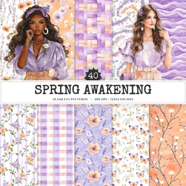 Spring Awakening Seamless Patterns, Whimsical spring JPEG, Floral pattern, Lavender, Spring meadow repeating pattern,Digital scrapbook paper