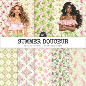 Summer Douceur Seamless Patterns, Summer Beach JPEG, Strawberries pattern, leaf, Cherry blossoms repeating pattern, Digital scrapbook paper