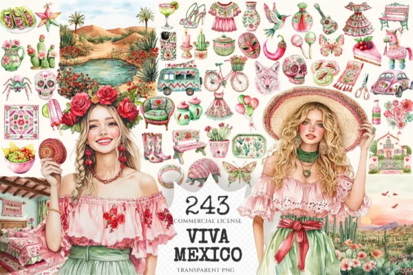 Viva Mexico Watercolor Clipart Set - 240+ transparent PNG, Mexican fiesta graphics, Cinco de mayo party art, Commercial use,Digital download