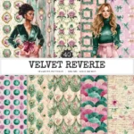 Velvet Reverie Seamless Patterns, Vintage Fashion JPEG, Pink pastel rose pattern, Emerald, Antique repeating pattern,Digital scrapbook paper