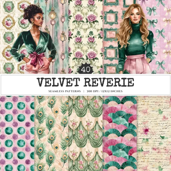 Velvet Reverie Seamless Patterns, Vintage Fashion JPEG, Pink pastel rose pattern, Emerald, Antique repeating pattern,Digital scrapbook paper