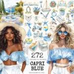 Capri Blue Watercolor Clipart Set - 270+ transparent PNG, Mediterranean summer graphics, Coastal charm art, Commercial use, Digital download