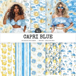 Capri Blue Seamless Patterns, Mediterranean JPEG, Wildflower pattern, Seashells, Pampas, Starfish repeating pattern, Digital scrapbook paper