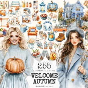 Welcome Autumn Watercolor Clipart Set - 250+ transparent PNG, Rustic pumpkin graphics, Cozy cottagecore art, Commercial use,Digital download
