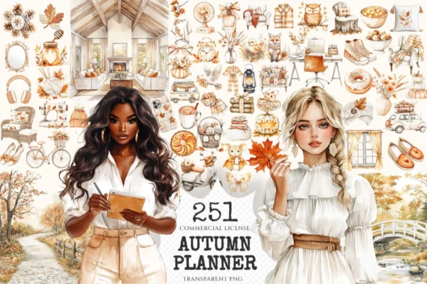 Autumn Planner Watercolor Clipart Set - 248+ transparent PNG, Cozy planner girl graphics, Boho fall png, Commercial use, Digital download