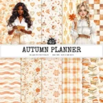 Autumn Planner Seamless Patterns, Cozy autumn JPEG, Maple leaves pattern, Acorns, Plaid, Pumpkins repeating pattern, Digital scrapbook paper