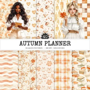 Autumn Planner Seamless Patterns, Cozy autumn JPEG, Maple leaves pattern, Acorns, Plaid, Pumpkins repeating pattern, Digital scrapbook paper
