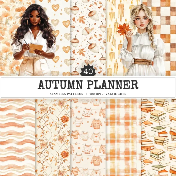 Autumn Planner Seamless Patterns, Cozy autumn JPEG, Maple leaves pattern, Acorns, Plaid, Pumpkins repeating pattern, Digital scrapbook paper