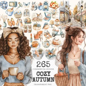 Cozy Autumn Watercolor Clipart Set - 260+ transparent PNG, Pumpkin cottagecore graphics, Neutral autumn PNG, Commercial use,Digital download