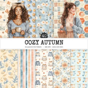 Cozy Autumn Seamless Patterns, Neutral fall JPEG, Floral autumn pattern, Pumpkins, Falling maple repeating pattern, Digital scrapbook paper