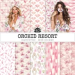Orchid Resort Seamless Patterns, Summertime JPEG, Wellness spa pattern, Pebble, Shell, Orchid repeating pattern, Digital scrapbook paper