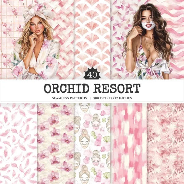 Orchid Resort Seamless Patterns, Summertime JPEG, Wellness spa pattern, Pebble, Shell, Orchid repeating pattern, Digital scrapbook paper