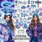 Aurora Aesthetics Watercolor Clipart Set - 270+ transparent PNG, Frosty winter graphics, North pole images, Commercial use, Digital download