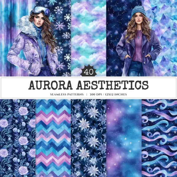 Aurora Aesthetics Seamless Patterns, Northern Lights JPEG, Snowflake pattern, Winter, Polar Night repeating pattern, Digital scrapbook paper