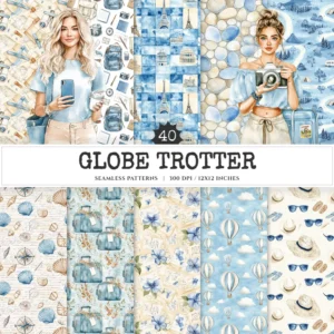 Globe Trotter Seamless Patterns, Traveling summer JPEG, Seashell pattern, Airplane, Travel memory repeating pattern, Digital scrapbook paper
