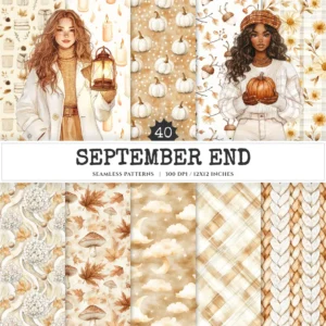 September End Seamless Patterns, Cozy autumn JPEG, Maple and pumpkin pattern, Plaid, Knitted cozy repeating pattern, Digital scrapbook paper