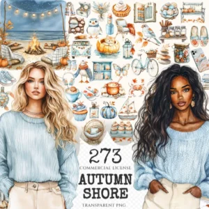 Autumn Shore Watercolor Clipart Set - 270+ transparent PNG, Seaside autumn graphics, Coastal harvest art, Commercial use, Digital download