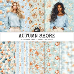 Autumn Shore Seamless Patterns, Seaside autumn JPEG, Pumpkin pattern, Maple leaves, Coastal fall repeating pattern, Digital scrapbook paper