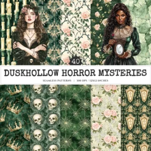 Duskhollow Horror Mysteries Seamless Patterns, Gothic halloween JPEG, Skull pattern, Gothic rose repeating pattern, Digital scrapbook paper