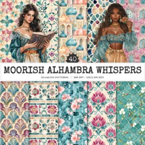Moorish Alhambra Whispers Seamless Patterns, Spanish JPEG, Granada pattern, Islamic floral, Mosaic repeating pattern,Digital scrapbook paper