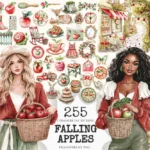 Falling Apples Watercolor Clipart Set - 252+ transparent PNG, Autumn harvest graphics, Cottagecore images, Commercial use, Digital download